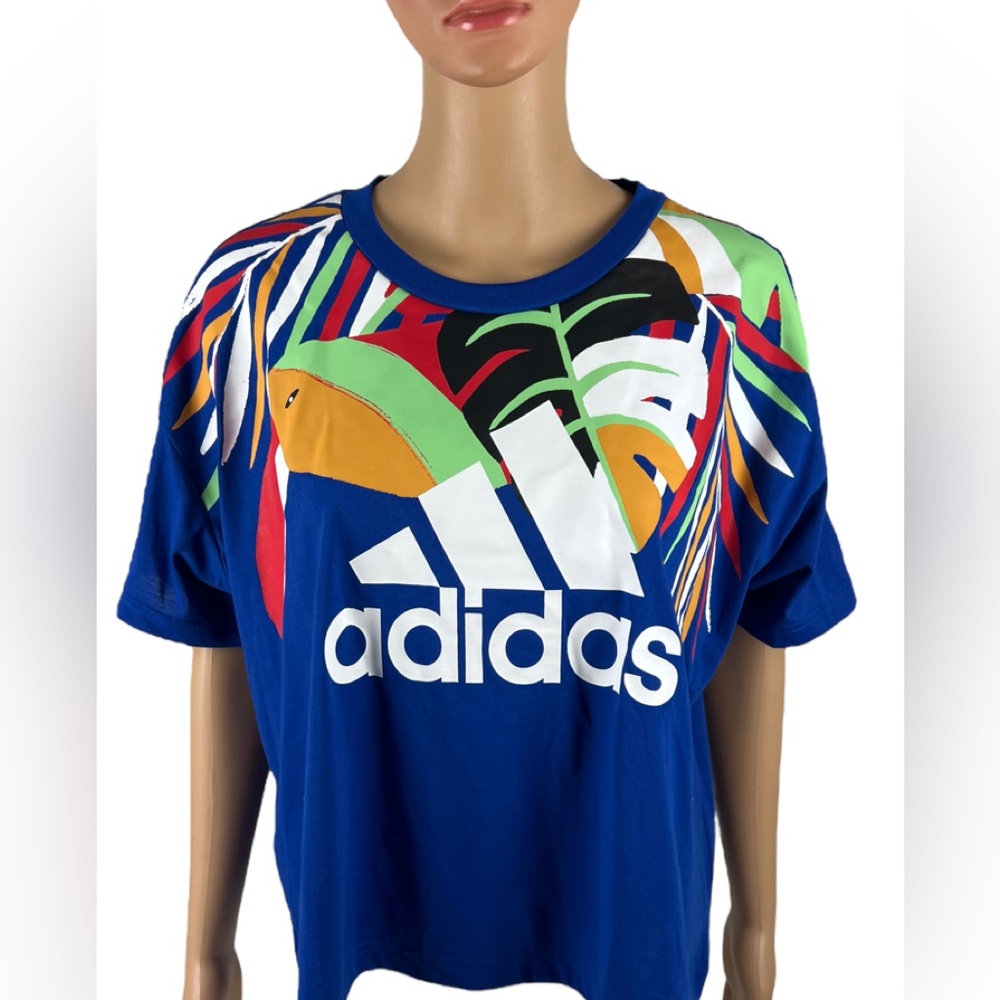 Adidas x Farm Rio Shirt Women Large Blue Tropical Short Sleeve Crop Pullover NWT - Picture 2 of 13